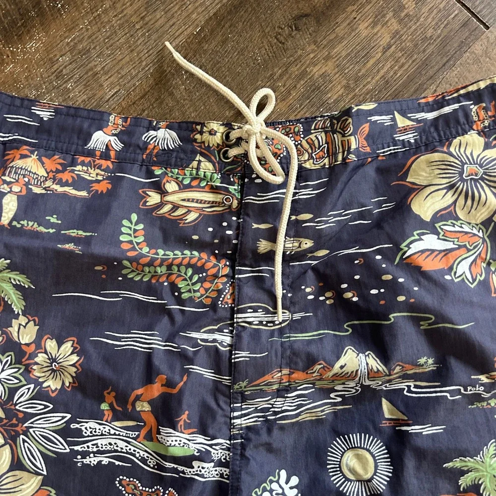 Vintage Polo Sport‎ Ralph Lauren Hawaiian Print Swim Trunks Navy Blue Mens XL